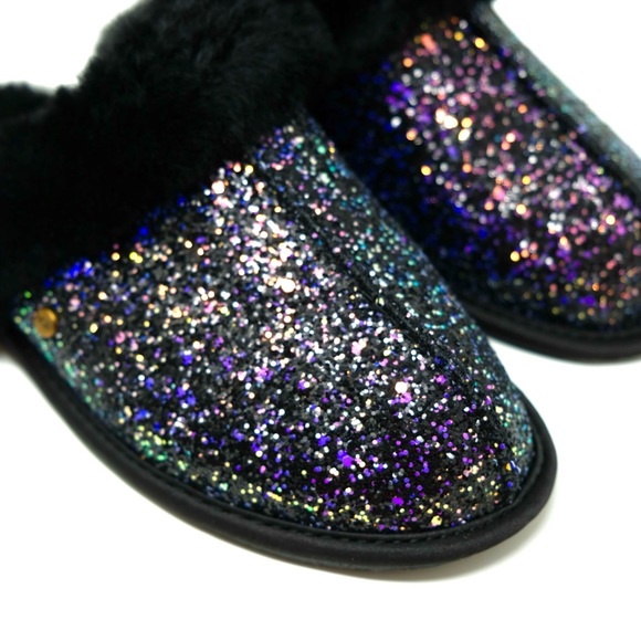 UGG Scuffette II Cosmos Glitter Black Scuff Sheepskin Slippers 🌈 🖤 - Picture 2 of 7